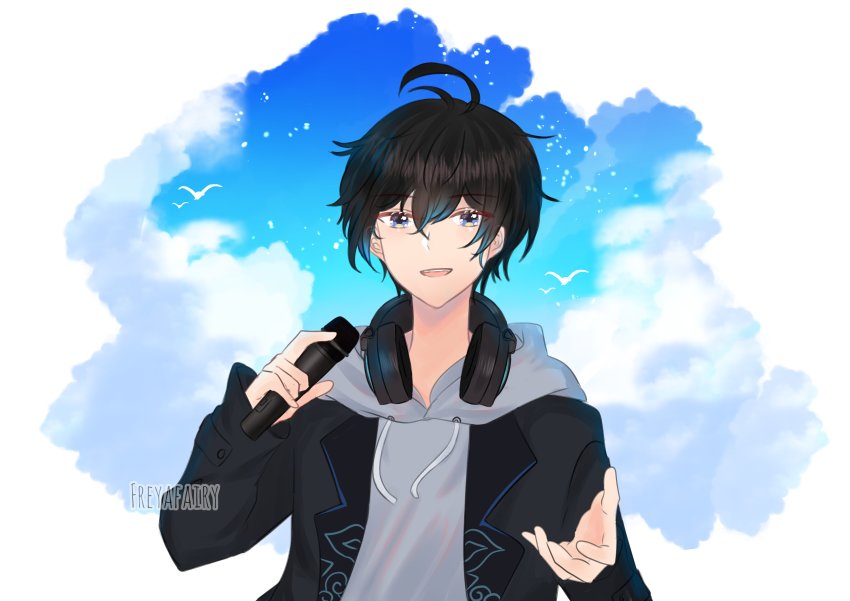 1boy, absurdres, acacia_leafs, ahoge, andi_adinata, black_hair, hair_between_eyes, hair_ornament, headphones, highres, maha5, microphone, multicolored_hair, music, singing, sky, virtual_youtuber