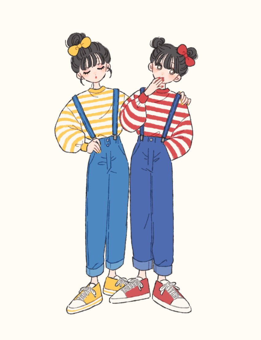 2girls, blue_pants, bow, brown_eyes, brown_hair, closed_eyes, denim, double_bun, hair_bow, hair_bun, hand_on_own_face, hello_kitty, hello_kitty_(character), highres, humanization, jeans, long_sleeves, matching_outfits, mimmy, multiple_girls, nail_color_coordination, nail_polish, outfit_coordination, pants, red_bow, red_footwear, red_lips, red_nails, red_shirt, rikuwo, sanrio, shirt, shoes, siblings, sisters, sneakers, striped_clothes, striped_shirt, suspenders, twins, white_background, yellow_bow, yellow_footwear, yellow_shirt
