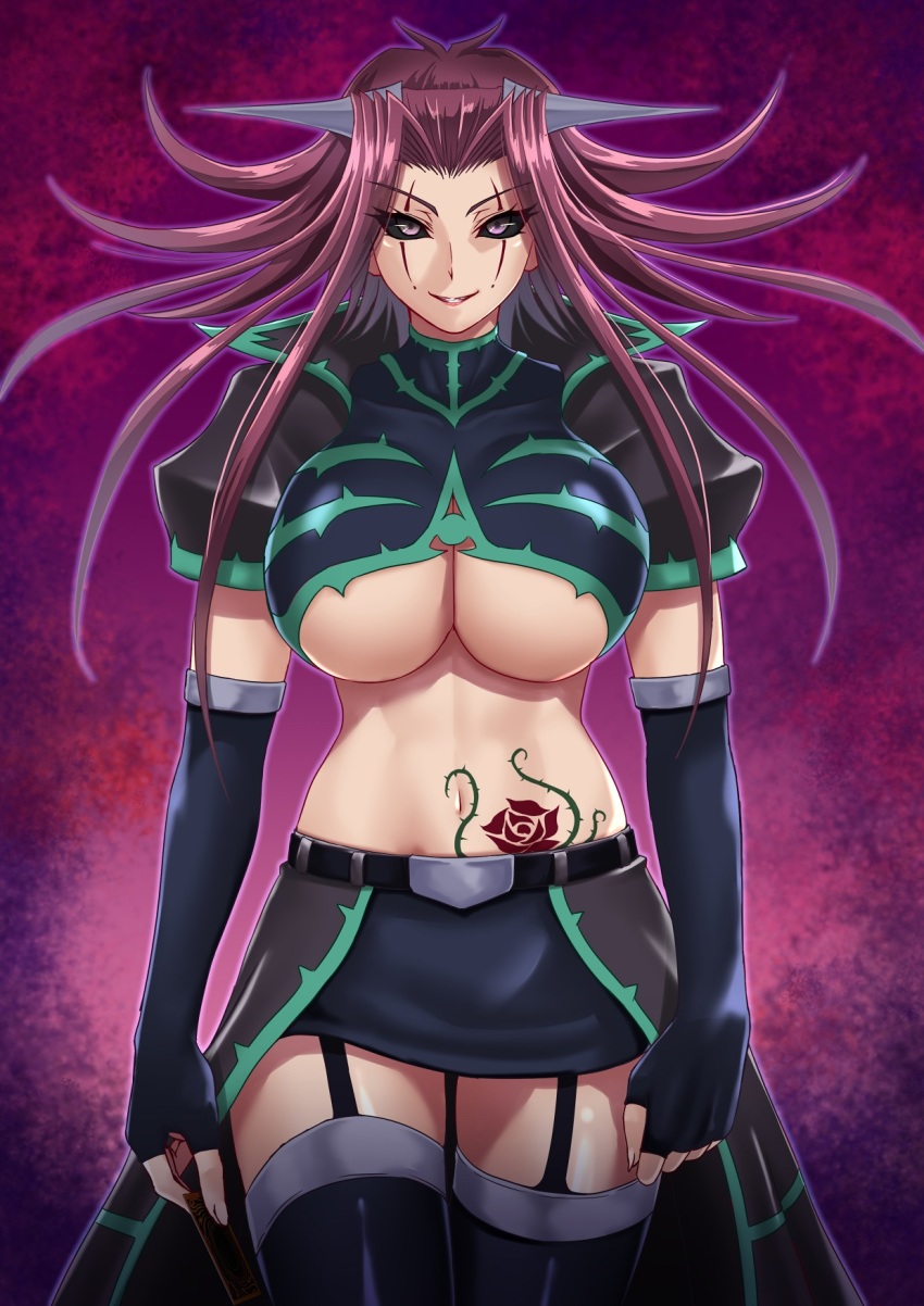 1girl, antenna_hair, belt, black_belt, black_gloves, black_jacket, black_sclera, black_shirt, black_skirt, black_thighhighs, breasts, card, check_commentary, colored_sclera, commentary_request, corruption, cowboy_shot, crop_top, cropped_jacket, dark_persona, dark_signer, elbow_gloves, evil_smile, facial_mark, fingerless_gloves, floating_hair, flower_tattoo, garter_straps, gloves, highres, holding, holding_card, horns, izayoi_aki, jacket, large_breasts, long_hair, looking_at_viewer, miniskirt, muto_dt, navel, open_clothes, open_jacket, parted_bangs, pink_eyes, purple_background, red_hair, shirt, short_sleeves, sidelocks, skirt, smile, solo, standing, stomach_tattoo, tattoo, thighhighs, underboob, vest, waistcoat, yu-gi-oh!, yu-gi-oh!_5d's, zettai_ryouiki