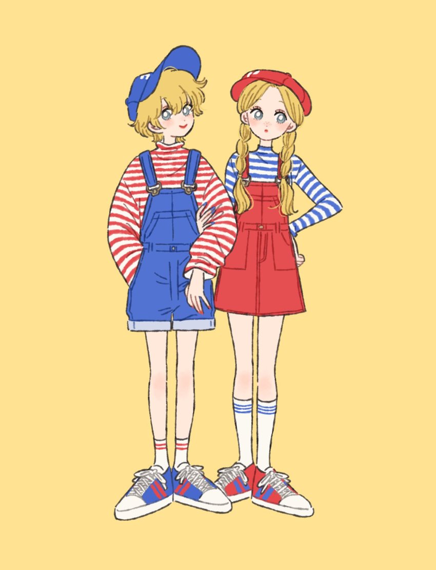 2girls, baseball_cap, blonde_hair, blue_eyes, blue_headwear, blue_nails, blue_overalls, blue_shirt