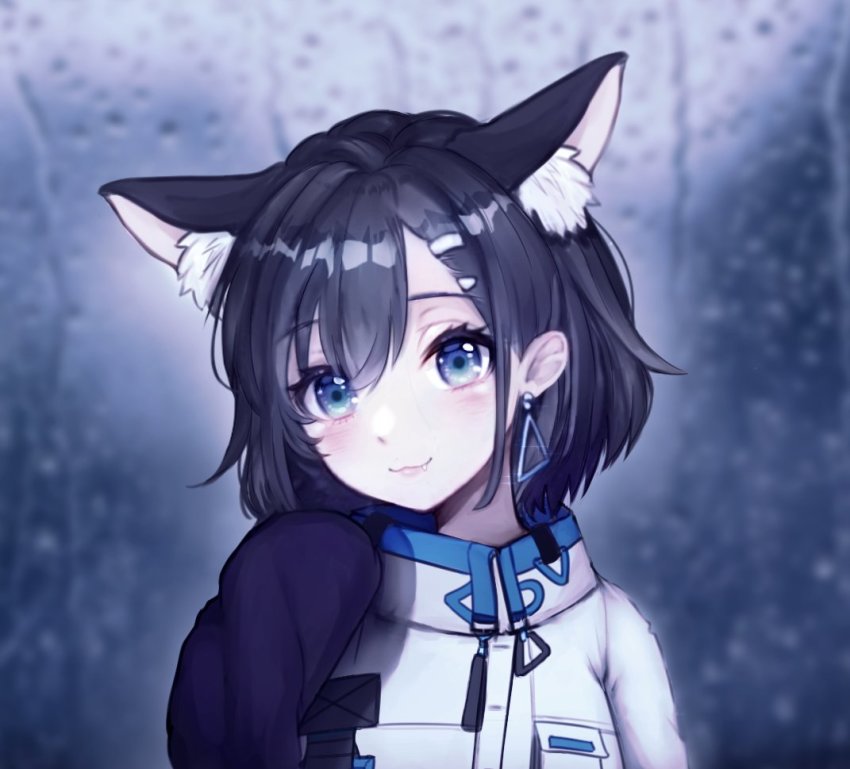1girl, :3, amemachi_hanabi, animal_ear_fluff, animal_ears, black_hair, blue_eyes, earrings, extra_ears, fang, fang_out, hair_behind_ear, hair_ornament, hairclip, jacket, jewelry, long_sleeves, portrait, short_hair, sleeves_past_fingers, sleeves_past_wrists, smile, solo, tifa_(iluvei), triangle_earrings, tsunderia, virtual_youtuber, white_jacket, wolf_ears, wolf_girl
