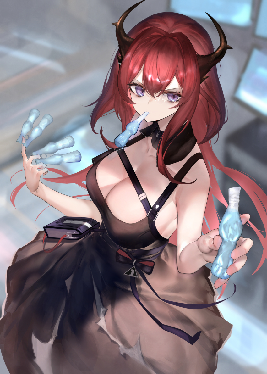 1girl, absurdres, arknights, bare_arms, bare_shoulders, black_collar, black_dress, breasts