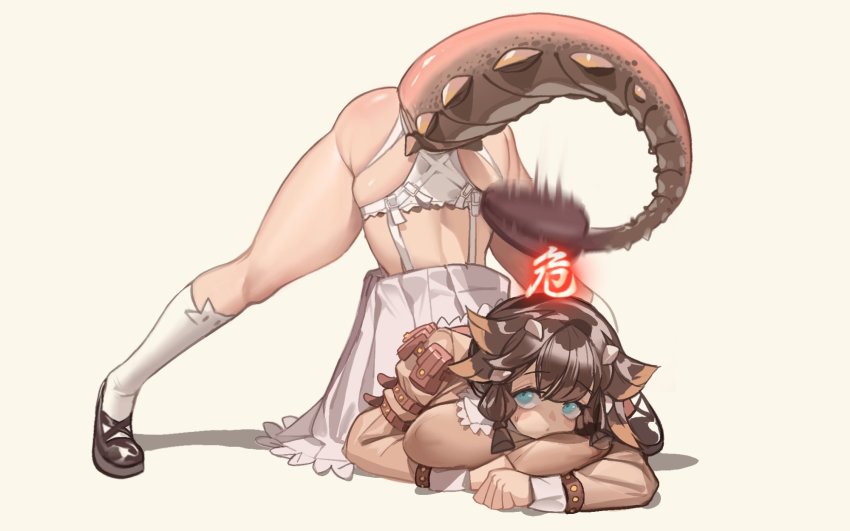 1girl, beige_background, black_footwear, blue_eyes, breast_press, breasts, brown_hair, clenched_hand, dinosaur_girl, dinosaur_tail, highres, impending_doom, jack-o'_challenge, kamitoge_supino, large_breasts, long_hair, looking_to_the_side, looking_up, magnive_ankylo, motion_blur, original, paleo_idol, panties, skindentation, skirt, solo, tail, top-down_bottom-up, underwear, white_panties, white_skirt, yellow_background