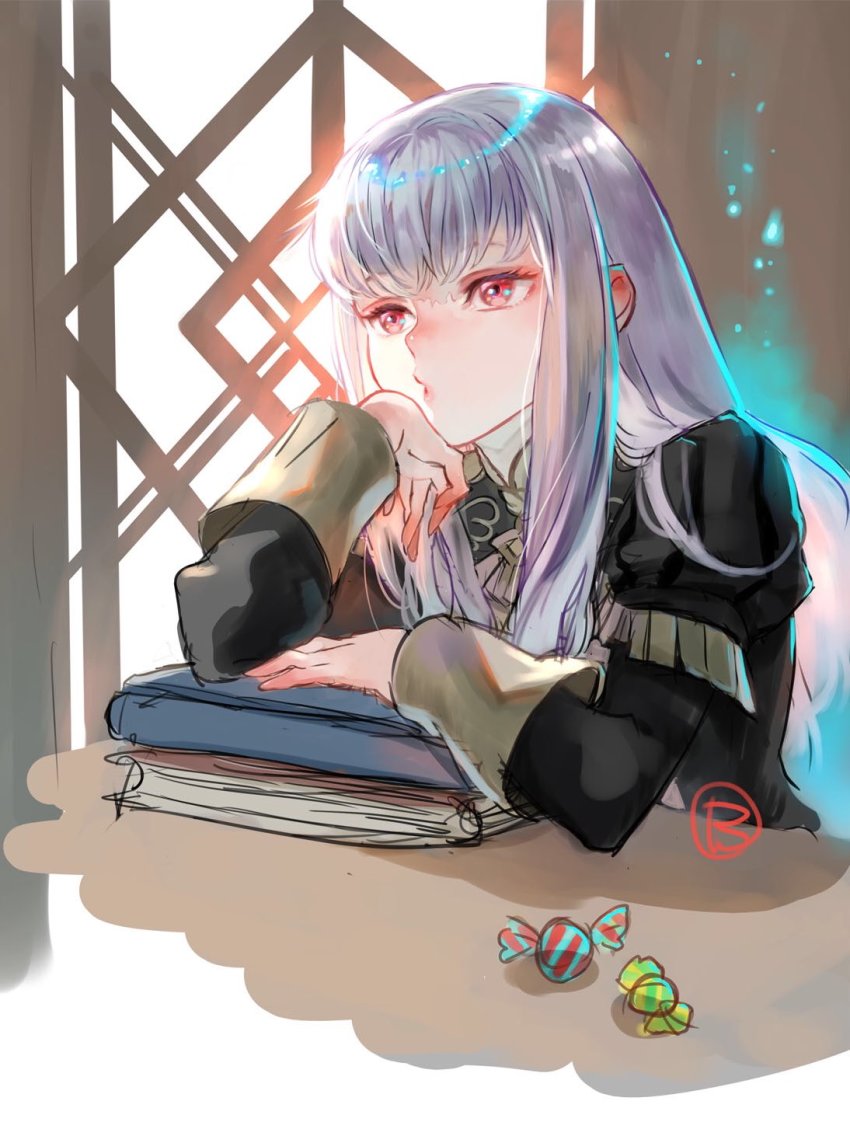 1girl, book, candy, commentary_request, epaulettes, fire_emblem, fire_emblem:_three_houses, food