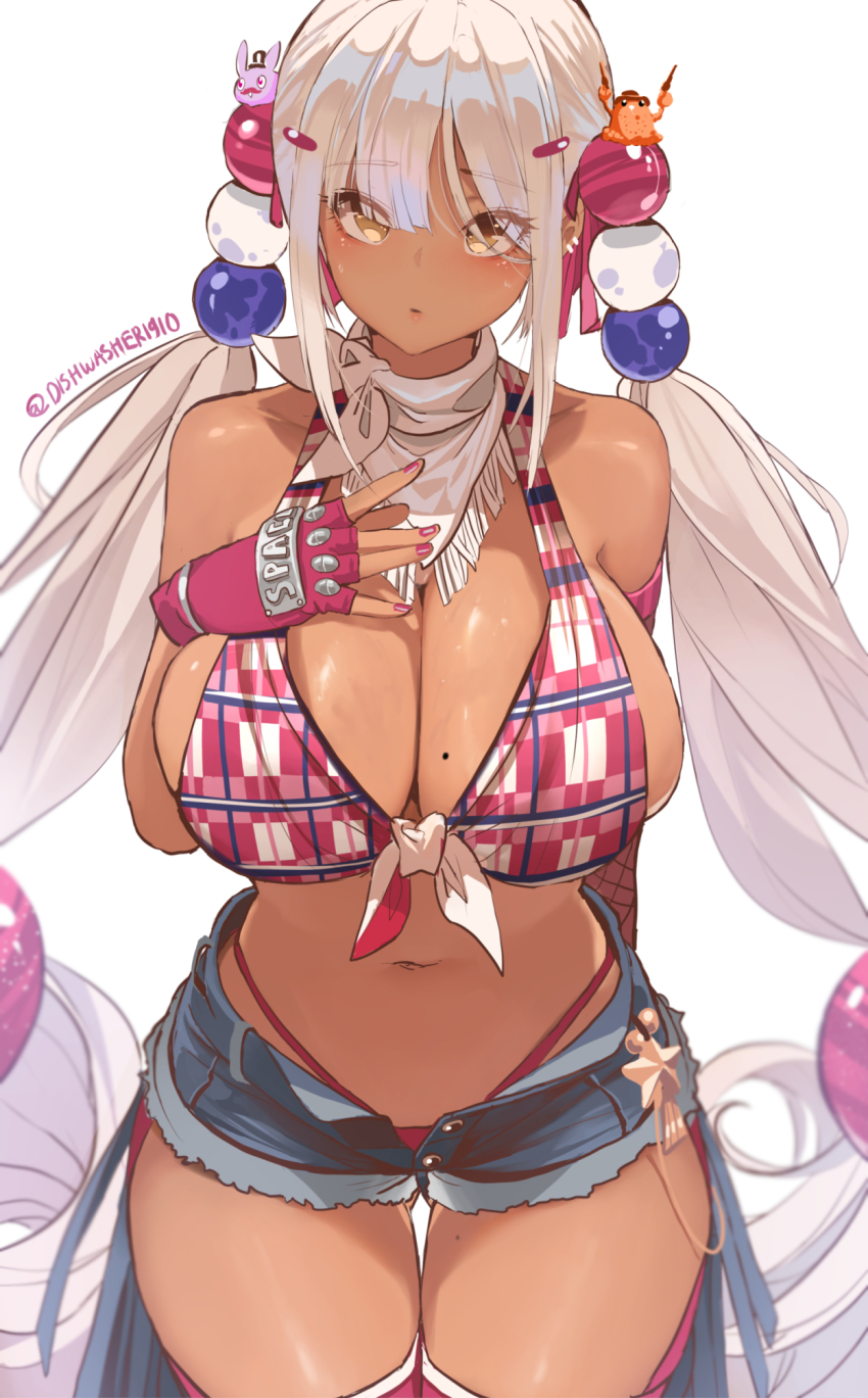 1girl, bare_arms, bare_shoulders, bikini, blue_shorts, breasts, brown_eyes, cleavage, cowboy_shot, cutoffs, dark-skinned_female, dark_skin, denim, denim_shorts, dishwasher1910, fingerless_gloves, front-tie_bikini_top, front-tie_top, gloves, hair_ornament, halterneck, hand_on_own_chest, hand_up, highleg, highres, hololive, hololive_english, huge_breasts, long_hair, looking_at_viewer, low_twintails, micro_shorts, mole, mole_on_breast, navel, neckerchief, open_fly, pink_bikini, pink_gloves, pink_thighhighs, plaid_bikini, plaid_clothes, planet_hair_ornament, short_shorts, shorts, simple_background, solo, stomach, string_bikini, swimsuit, thigh_gap, thighhighs, thighs, tsukumo_sana, twintails, very_long_hair, virtual_youtuber, white_background, white_hair