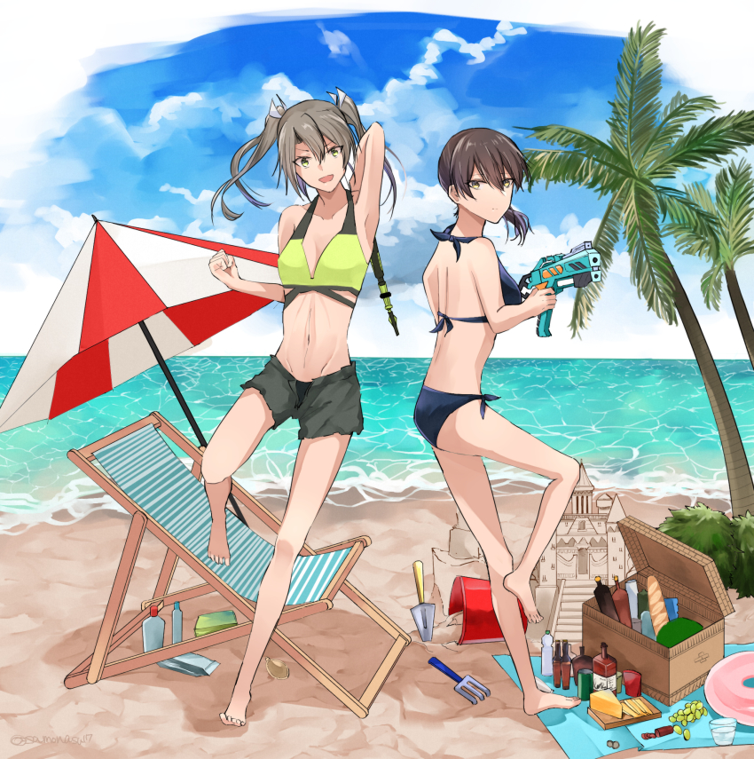 2girls, beach, beach_umbrella, bikini, blue_bikini, blue_sky, box, brown_eyes