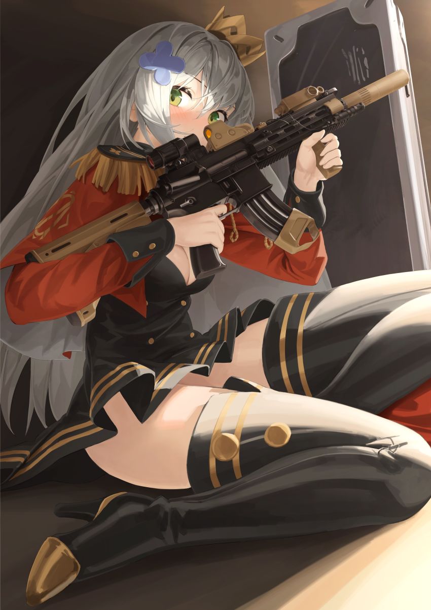 404_(girls'_frontline), absurdres, armor, assault_rifle, band_uniform, black_dress, blush, boots