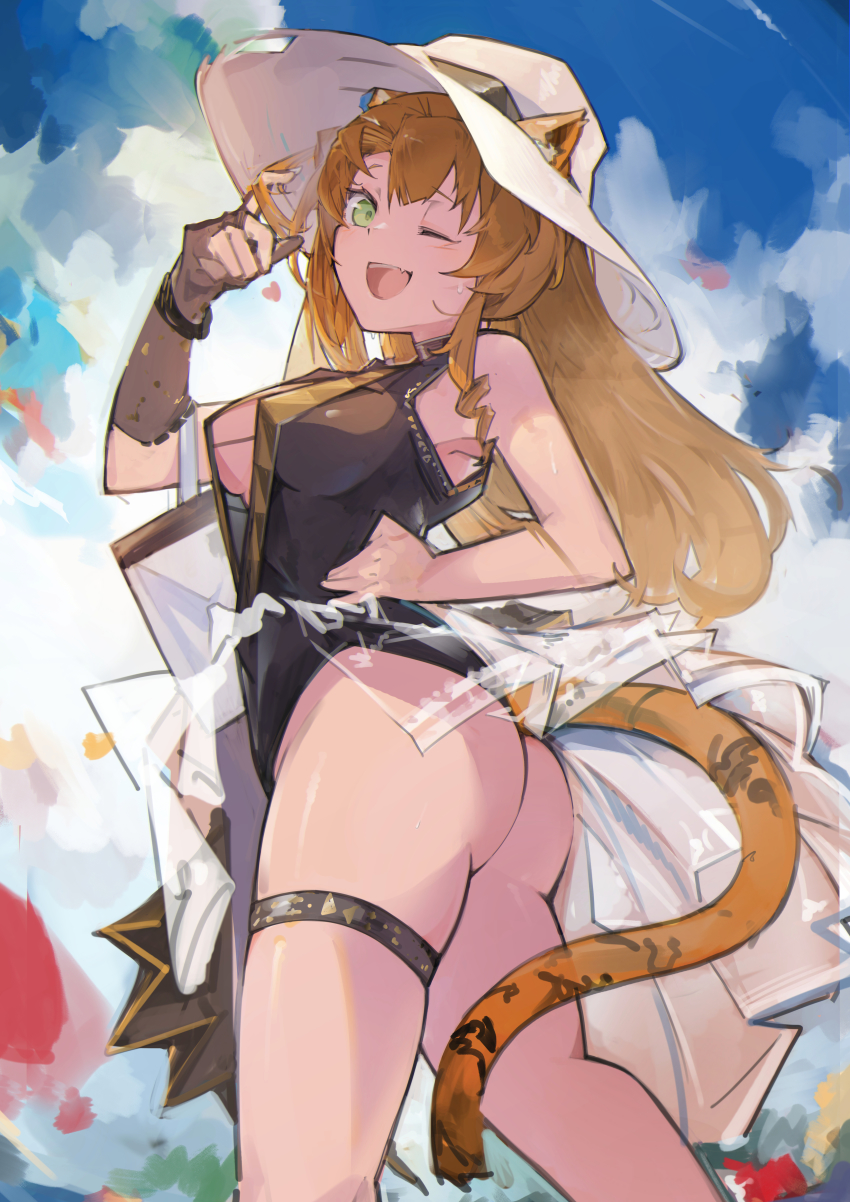 1girl, ;d, absurdres, animal_ears, arknights, ass, black_gloves, black_one-piece_swimsuit