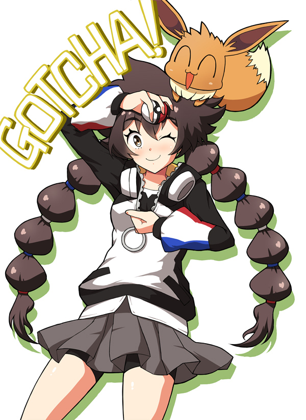 1girl, ;), ^_^, bike_shorts, bike_shorts_under_skirt, blush, brown_eyes, brown_hair