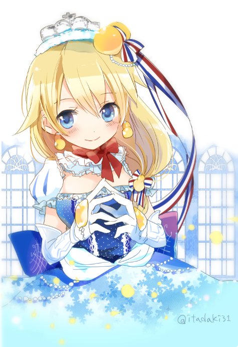 1girl, blonde_hair, blue_dress, blue_eyes, blush, crown, detached_sleeves, dress