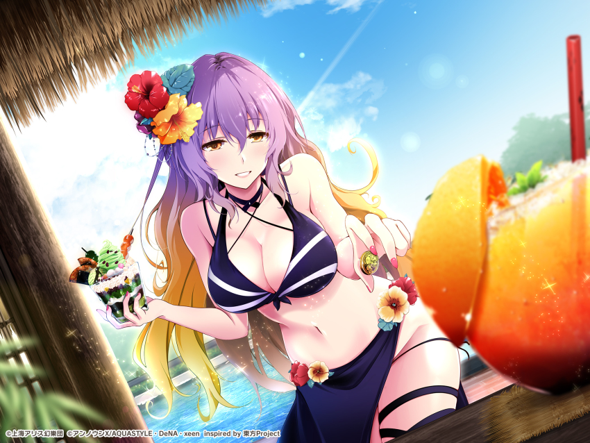 1girl, bikini, black_choker, blonde_hair, blue_sky, breasts, choker, cleavage, cocktail_glass, copyright_notice, cup, danmakujp, drinking_glass, drinking_straw, flower, food, gradient_hair, hair_between_eyes, hair_flower, hair_ornament, highres, hijiri_byakuren, large_breasts, long_hair, lowleg, lowleg_bikini, multicolored_hair, nail_polish, navel, parfait, pink_nails, purple_hair, sarong, second-party_source, sky, smile, solo, swimsuit, table, touhou, touhou_danmaku_kagura, yellow_eyes