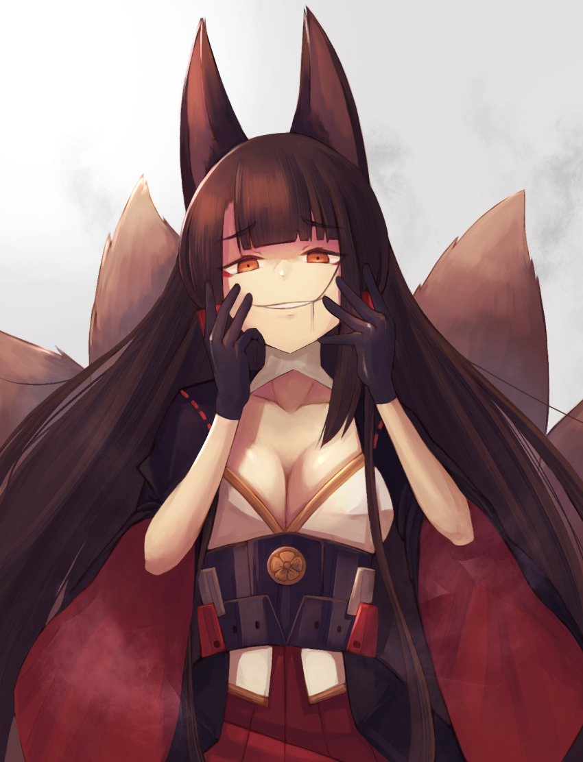 1girl, akagi_(azur_lane), animal_ear_fluff, animal_ears, azur_lane, black_gloves, black_kimono, blunt_bangs