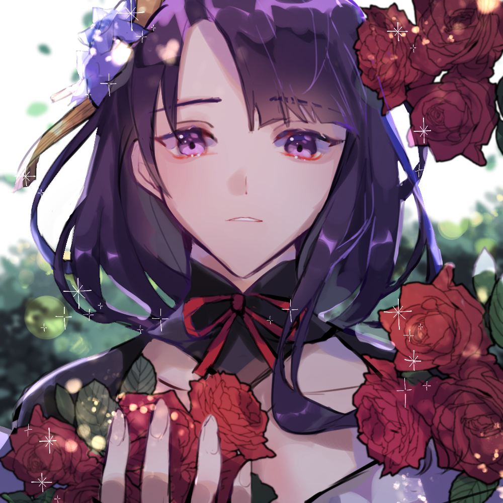1girl, blurry, blurry_background, breasts, commentary, flower, genshin_impact, hair_ornament, holding, holding_flower, japanese_clothes, kqkko, long_hair, looking_at_viewer, open_mouth, parted_lips, purple_eyes, purple_flower, purple_hair, raiden_shogun, red_flower, ribbon, rose, solo, sparkle, untranslatable_commentary, tassel