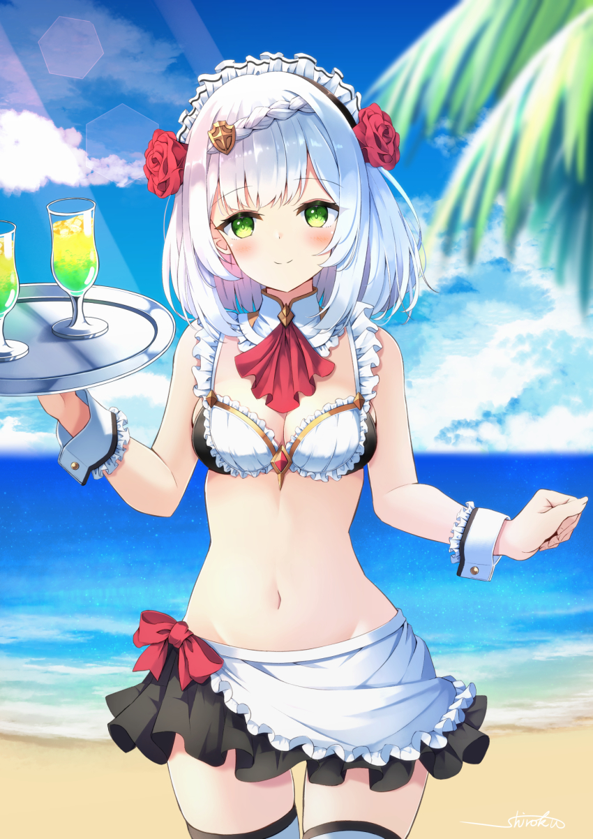 1girl, apron, beach, bikini, blue_sky, blunt_bangs, braid, breasts, cleavage, cowboy_shot, cup, drink, drinking_glass, frilled_skirt, frills, genshin_impact, green_eyes, highres, maid, maid_bikini, navel, noelle_(genshin_impact), plate, shi6kurutto, short_hair, skirt, sky, small_breasts, smile, swimsuit, thighhighs, unconventional_maid, white_hair