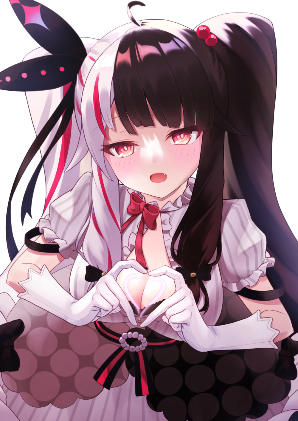 1girl, bow, breasts, brown_hair, cleavage, dress, eyebrows_hidden_by_hair, finger_heart