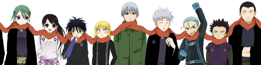 00s, 2girls, 6+boys, androgynous, everyone, kekkaishi, long_image, multiple_boys