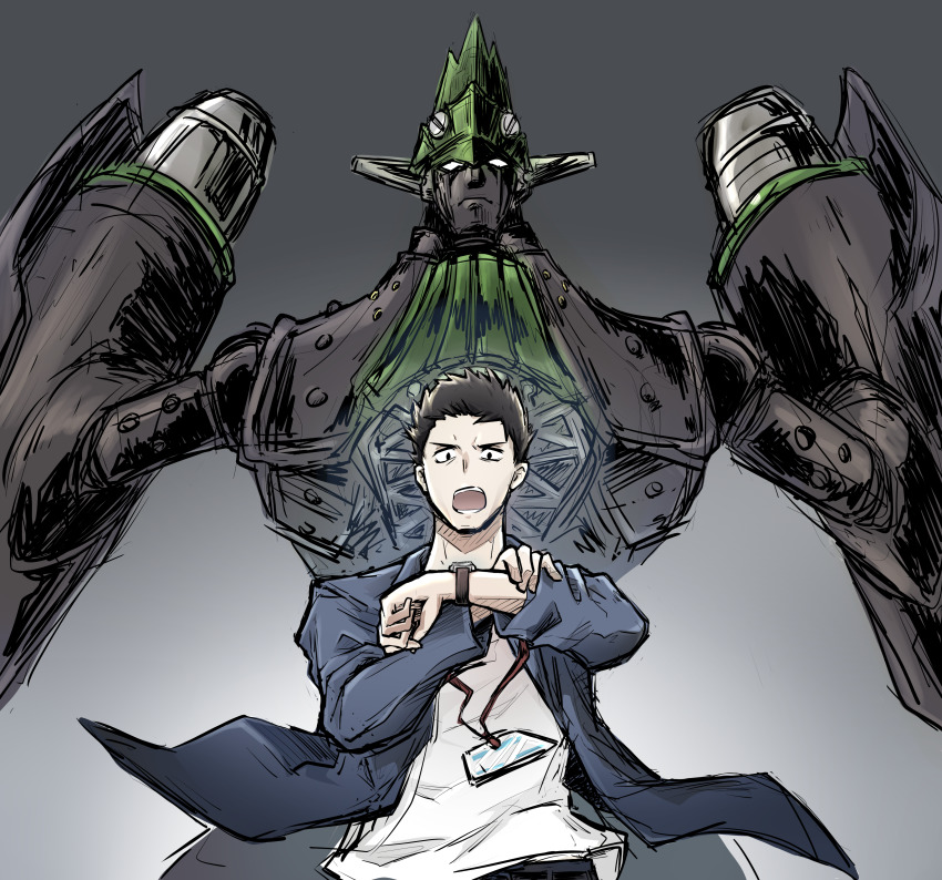 1boy, absurdres, big_o_(mecha), black_eyes, black_hair, blazer, blue_jacket, fusion, gradient_background, hanabatake_chaika, hanabatake_chaika_(5th_costume), highres, id_card, jacket, looking_down, male_focus, mecha, nijisanji, open_mouth, parody, rasen_ou, robot, science_fiction, shirt, the_big_o, virtual_youtuber, watch, white_eyes, white_shirt, wristwatch, yashiro_kizuku, yashiro_kizuku_(2nd_costume)