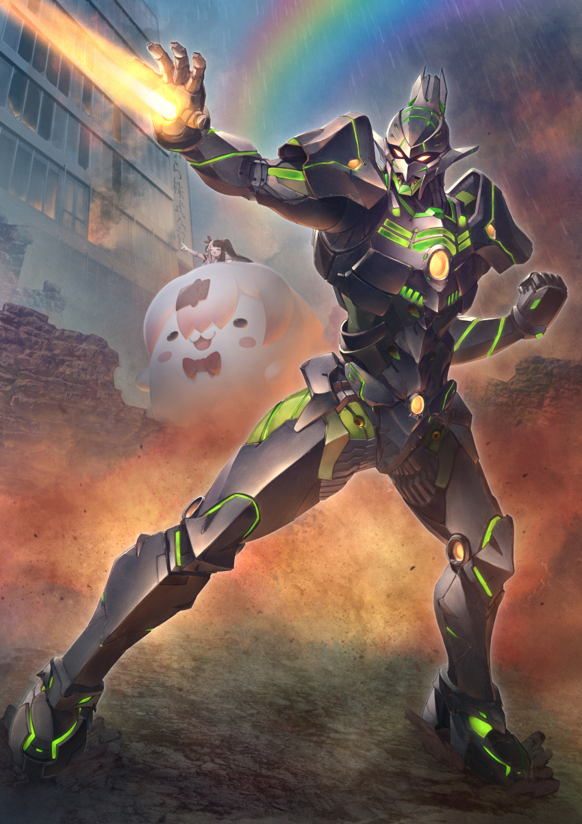 1boy, 1girl, ^_^, absurdres, armor, blush, brown_hair, cero320, closed_eyes, energy, energy_beam, gloves, hanabatake_chaika, hanabatake_chaika_(5th_costume), highres, huge_filesize, long_hair, mecha, multicolored_hair, nijisanji, official_alternate_costume, orange_eyes, pink_hair, pointing, power_armor, rain, rainbow, robot, science_fiction, shiina_yuika, streaked_hair, twintails, virtual_youtuber, white_gloves, white_hair, yorumi_rena