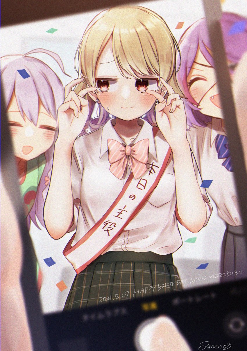 3girls, =_=, ahoge, bent_v, birthday_sash, blonde_hair, blush, bow