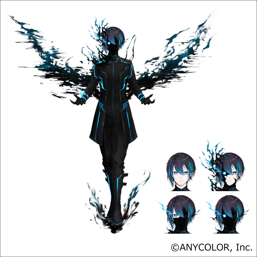 1boy, black_footwear, black_gloves, black_hair, black_jacket, blue_eyes, blue_hair, boots