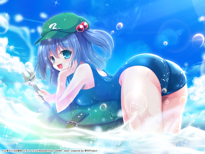 1girl, ass, backpack, bag, blue_hair, blue_one-piece_swimsuit, blue_sky, blush, breasts, cloud, cloudy_sky, copyright_notice, danmakujp, green_eyes, green_hat, hair_between_eyes, hat, highres, kawashiro_nitori, looking_at_viewer, looking_back, lying, on_stomach, one-piece_swimsuit, open_mouth, second-party_source, sky, solo, sparkle, swimsuit, touhou, touhou_danmaku_kagura, two_side_up, water_drop, wet, wet_clothes, wrench, yamu_(reverse_noise)