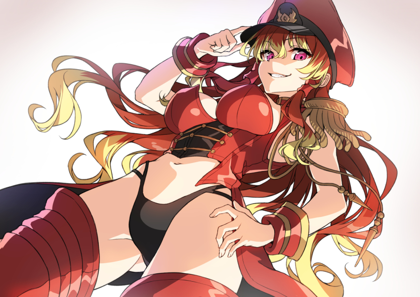 1girl, belial_(sentouin_haken_shimasu!), blonde_hair, breasts, hat, large_breasts, long_hair, looking_at_viewer, multicolored_hair, navel, red_eyes, red_hair, revealing_clothes, sentouin_hakenshimasu!, smile, solo, thighhighs, two-tone_hair