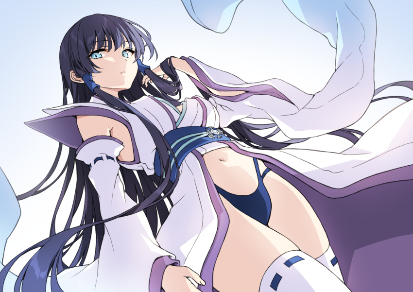 1girl, astaroth_(sentouin_haken_shimasu!), black_hair, blue_eyes, detached_sleeves, long_hair, looking_at_viewer, navel