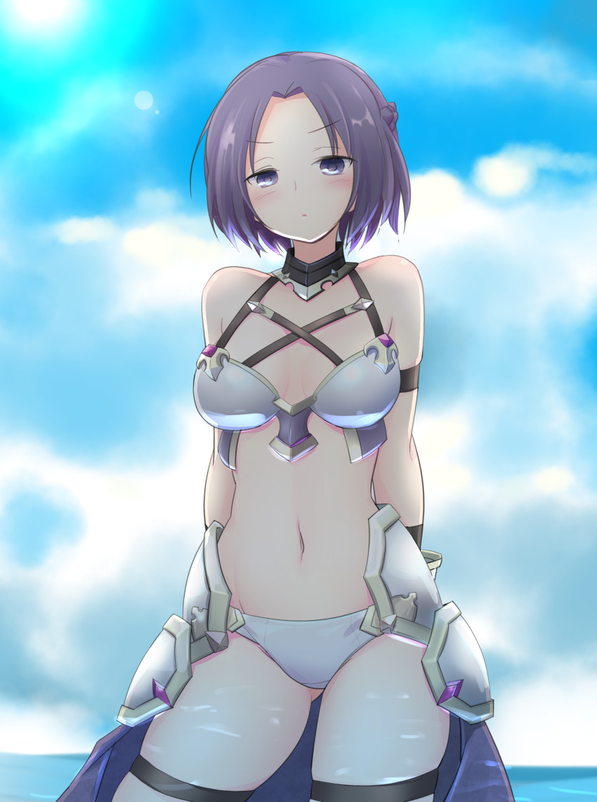 1girl, absurdres, arm_strap, armor, arms_behind_back, bikini, bikini_armor, blue_sky