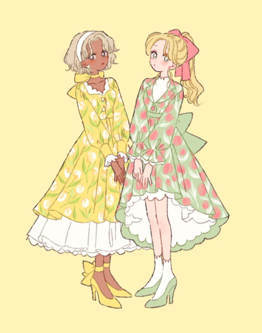 2girls, back_bow, blonde_hair, blush, bow, brown_eyes, choker, dark-skinned_female, dark_skin, dress, earrings, fashion, floral_dress, floral_print, flower, green_dress, green_eyes, green_footwear, hair_bow, headband, high_heels, highres, image_sample, jewelry, light_brown_hair, matching_outfits, multiple_girls, original, outfit_coordination, ponytail, print_dress, red_bow, rikuwo, shirt, socks, tulip, twitter_sample, undershirt, underskirt, white_headband, white_shirt, yellow_background, yellow_dress, yellow_footwear