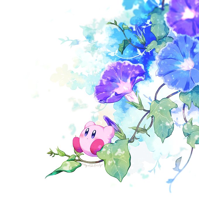 blue_eyes, blue_flower, closed_mouth, dot_mouth, flower, kirby, kirby_(series), kotori_(lycka)