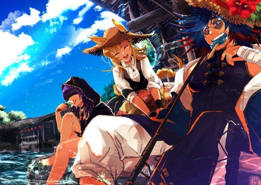 1boy, 2girls, aged_up, arknights, bandages, black_vest, blindfold, blonde_hair, blue_hair, braid, chinese_clothes, closed_eyes, commentary_request, covered_eyes, ears_through_headwear, eating, facial_hair, feet_out_of_frame, flower, food, food_in_mouth, food_on_body, food_on_legs, gradient_hair, hat, hat_flower, hibiscus, hood, hood_up, ice_cream, innertube, kroos_(arknights), lantern, lava_(arknights), lava_the_purgatory_(arknights), long_braid, long_hair, melting, mouth_hold, mr._nothing_(arknights), multicolored_hair, multiple_braids, multiple_girls, off_shoulder, official_alternate_costume, ohayashi55, open_mouth, outdoors, paper_lantern, parasol, partially_submerged, popsicle, purple_hair, red_flower, red_hair, round_eyewear, shirt, single_braid, sky, straw_hat, stubble, swim_ring, tinted_eyewear, umbrella, very_long_hair, vest, water, white_shirt, yellow-framed_eyewear