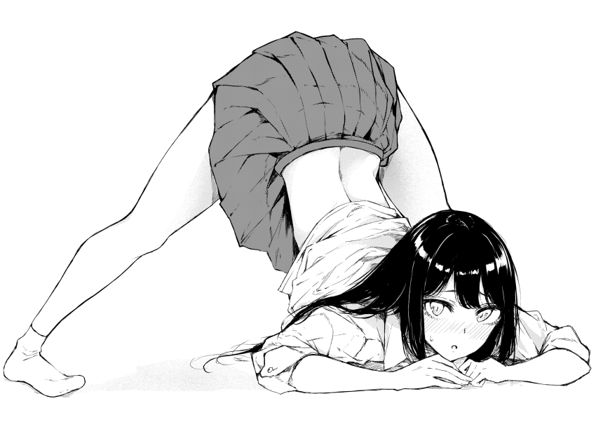 1girl, arched_back, blush, eyelashes, flat_(joppin_karu!), greyscale, hatching_(texture), highres, jack-o'_challenge, long_hair, looking_at_viewer, monochrome, open_mouth, original, simple_background, skirt, sleeves_rolled_up, solo, spread_legs, sweat, white_background