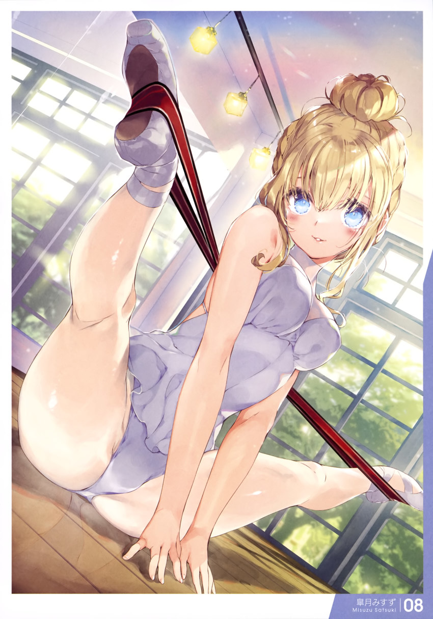 1girl, absurdres, artbook, artist_name, ballerina, ballet_class_clothes, ballet_slippers, blonde_hair