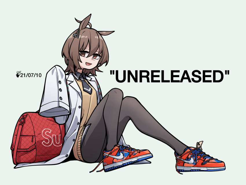 1girl, absurdres, agnes_tachyon_(tach-nology)_(umamusume), agnes_tachyon_(umamusume), ahoge, alternate_earwear, alternate_footwear, animal_ears