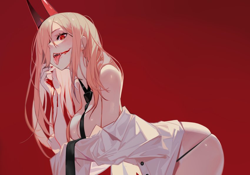 +_+, 1girl, absurdres, bent_over, black_necktie, black_panties, blonde_hair, blood, blood_on_face, blood_on_hands, blush, breasts, chainsaw_man, convenient_censoring, convenient_neckwear, cowboy_shot, cross-shaped_pupils, demon_horns, dress_shirt, eyelashes, grandia_lee, hair_between_eyes, hair_over_breasts, hair_over_one_breast, hair_over_one_eye, highres, horns, long_hair, looking_at_viewer, medium_breasts, nail_polish, necktie, no_bra, off_shoulder, open_clothes, open_mouth, open_shirt, panties, parted_bangs, partially_undressed, power_(chainsaw_man), red_background, red_eyes, red_nails, sharp_teeth, shirt, simple_background, skindentation, solo, symbol-shaped_pupils, teeth, tongue, tongue_out, underwear, white_shirt
