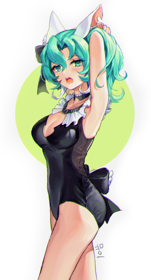 1girl, abstract_background, animal_ears, armpits, arms_up, black_bow, black_choker, black_one-piece_swimsuit, blush, bow, choker, cleavage_cutout, clothing_cutout, epic_seven, green_eyes, green_hair, gyesungja, hair_bow, looking_at_viewer, mui_(epic_seven), one-piece_swimsuit, open_mouth, swimsuit