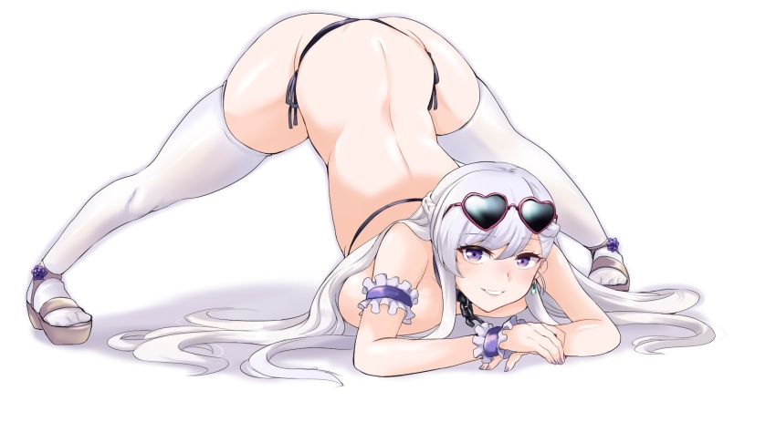 1girl, ass, azur_lane, belfast_(azur_lane), bikini, braid, breasts, collar, eyewear_on_head, full_body, heart, heart-shaped_eyewear, highres, jack-o'_challenge, large_breasts, looking_at_viewer, nail_polish, os_(kazos), purple_eyes, purple_nails, side-tie_bikini_bottom, side_braid, silver_hair, simple_background, skindentation, smile, solo, spread_legs, sunglasses, swimsuit, thighhighs, thighs, thong_bikini, top-down_bottom-up, white_background, white_thighhighs
