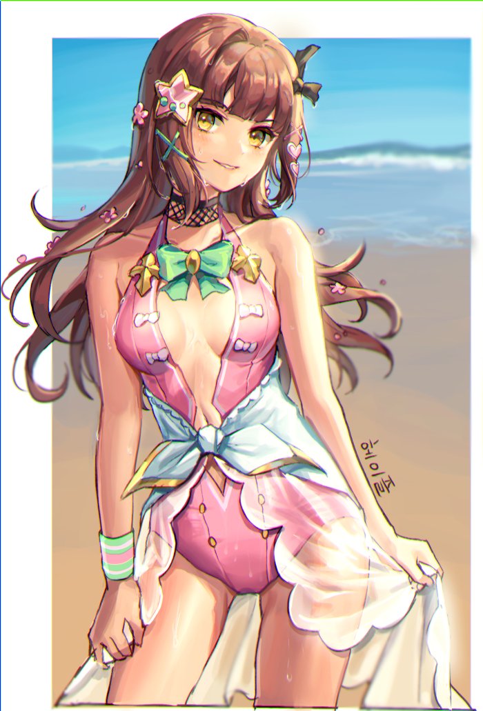 1girl, beach, bow, breasts, brown_hair, choker, cleavage, cleavage_cutout, clothing_cutout, epic_seven, flower, gyesungja, hair_flower, hair_ornament, hazel_(epic_seven), long_hair, looking_at_viewer, one-piece_swimsuit, pink_one-piece_swimsuit, sarong, see-through_clothes, smile, star_(symbol), star_hair_ornament, swimsuit, x_hair_ornament, yellow_eyes