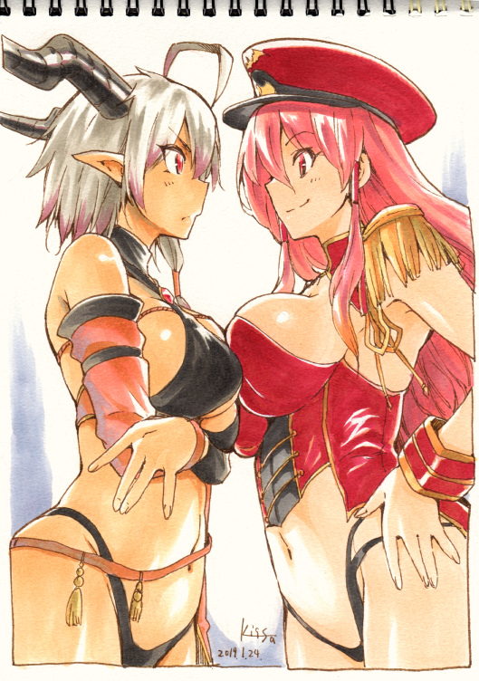 2girls, belial_(sentouin_haken_shimasu!), breasts, demon_girl, hat, heine_(sentouin_hakenshimasu!), horns, large_breasts, long_hair, multiple_girls, navel, pointy_ears, red_eyes, red_hair, revealing_clothes, sentouin_hakenshimasu!, silver_hair