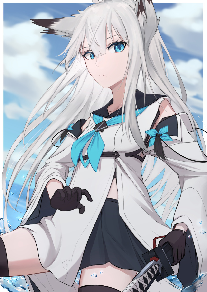1girl, animal_ears, appl3, azur_lane, black_gloves, black_thighhighs, blue_hair, blue_sky, blunt_bangs, cloud, cloudy_sky, collarbone, commentary_request, detached_sleeves, fox_ears, fox_girl, fox_tail, gloves, hair_between_eyes, half_gloves, highres, holding, holding_sword, holding_weapon, horizon, katana, kawakaze_(azur_lane), long_hair, looking_at_viewer, ocean, pleated_skirt, school_uniform, serafuku, sidelocks, skirt, sky, solo, sword, tail, thighhighs, water_drop, weapon, white_hair, wide_sleeves, zettai_ryouiki