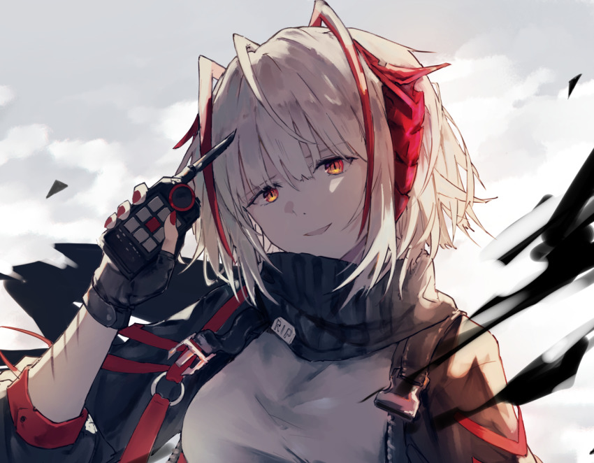 1girl, arknights, arm_up, black_jacket, breasts, buckle, cloud, cloudy_sky
