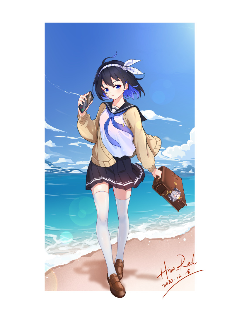 1girl, :o, absurdres, ai_ke_le_de_xiao_hong, antenna_hair, bag, beach, black_skirt