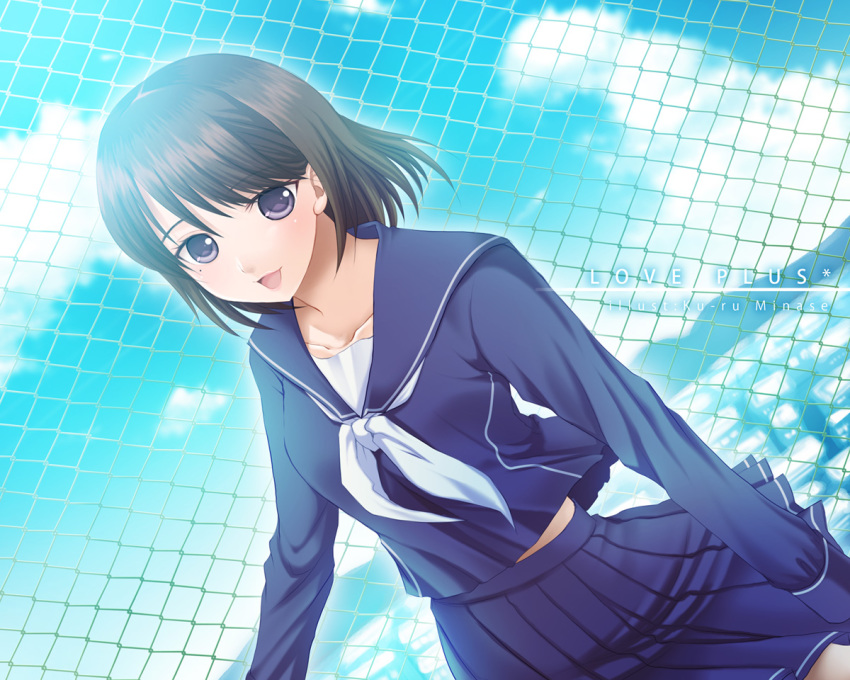 1girl, anegasaki_nene, black_hair, blue_eyes, chain-link_fence, female_focus, fence, love_plus