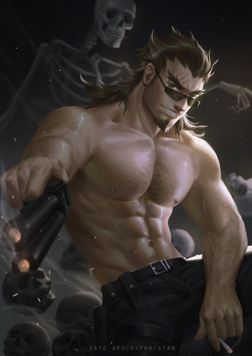 1boy, abs, arm_hair, bara, black_pants, chest_hair, cigarette, embers