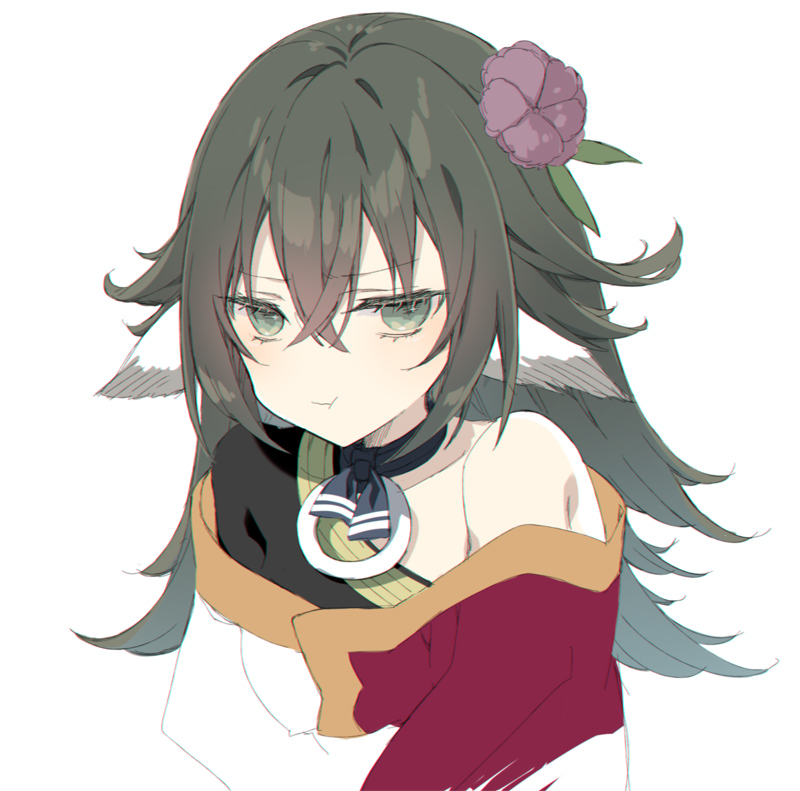 1girl, aged_down, animal_ears, aquaplus, blush, breasts, choker, closed_mouth, collarbone, dress, eyelashes, flower, flower_on_head, green_eyes, green_hair, hair_between_eyes, jewelry, kilacco, long_hair, long_sleeves, looking_at_viewer, medium_breasts, necklace, pout, sidelocks, solo, tuskur, upper_body, utawarerumono, utawarerumono:_lost_flag