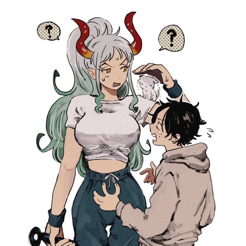 1boy, 1girl, ?, alternate_costume, animal, animal_on_shoulder, arm_at_side, bare_arms, black_hair, breasts, casual, commentary_request, contemporary, curled_horns, dog, flying_sweatdrops, freckles, green_hair, grey_hair, height_difference, high_ponytail, highres, holding, holding_weapon, hood, hood_down, hoodie, horns, large_breasts, long_hair, long_sleeves, looking_at_another, makenevemoiine, midriff, multicolored_hair, multicolored_horns, one_piece, pants, ponytail, portgas_d._ace, red_horns, shirt, short_hair, short_sleeves, simple_background, spoken_question_mark, sweat, tall_female, taut_clothes, taut_shirt, thigh_gap, trembling, two-tone_hair, very_long_hair, weapon, white_background, wristband, yamato_(one_piece), yellow_eyes, yellow_horns
