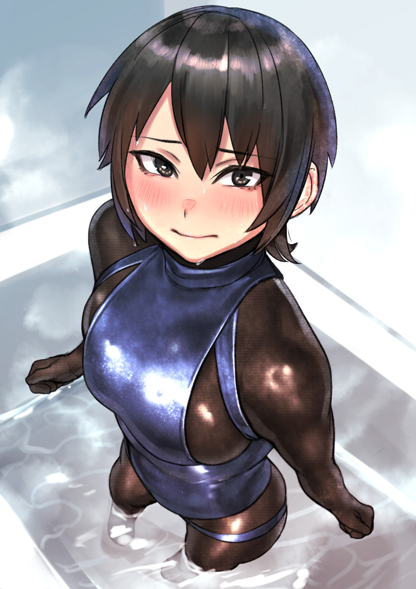 1girl, bathtub, black_eyes, black_hair, blue_one-piece_swimsuit, blush, bodysuit, bodysuit_under_clothes, brown_bodysuit, closed_mouth, from_above, hair_between_eyes, highres, kilye_kairi, latex, latex_bodysuit, looking_at_viewer, medium_hair, one-piece_swimsuit, original, solo, standing, swimsuit, swimsuit_over_bodysuit, wading