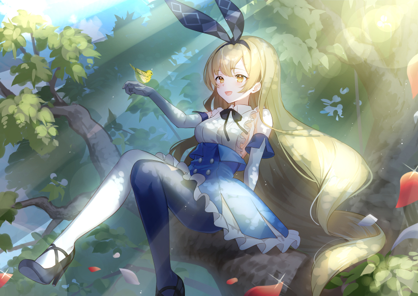 1girl, :d, absurdres, alice_(masterwork_apocalypse), alice's_adventures_in_wonderland, animal, animal_on_hand, asymmetrical_legwear