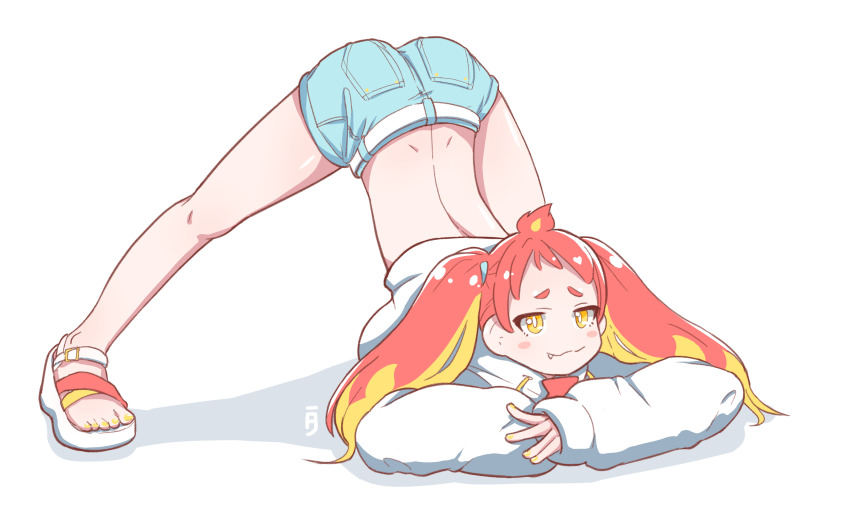 1girl, :3, absurdres, ahoge, arm_rest, ass, blonde_hair, blush, colored_tips, commentary_request, fang, full_body, highres, hikasa_tomoshika, hood, hoodie, jack-o'_challenge, long_sleeves, looking_at_viewer, multicolored_hair, nail_polish, owlsoda, red_hair, sandals, short_eyebrows, short_shorts, shorts, simple_background, solo, spread_legs, toenail_polish, toenails, top-down_bottom-up, twintails, two-tone_hair, virtual_youtuber, voms, white_background, white_hoodie, wide_spread_legs, yellow_eyes, yellow_nails