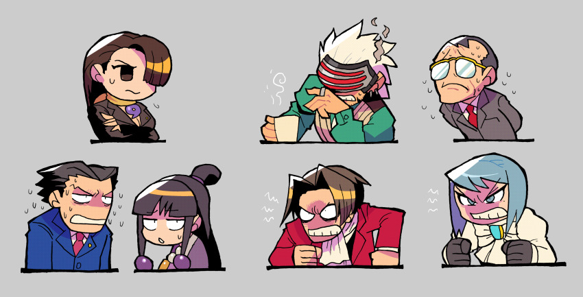 3girls, 4boys, absurdres, ace_attorney, blue_eyes, blue_hair, blue_jacket, breasts, brown_hair, cigarette, cleavage, clenched_teeth, closed_mouth, crossed_arms, cup, dress, earrings, flying_sweatdrops, franziska_von_karma, glasses, godot_(ace_attorney), grey_background, hair_over_one_eye, hair_slicked_back, highres, holding, holding_cigarette, jacket, jewelry, jitome, juliet_sleeves, long_hair, long_sleeves, looking_at_viewer, maya_fey, mia_fey, miles_edgeworth, mole, mole_under_eye, multiple_boys, multiple_girls, necktie, one_eye_covered, opaque_glasses, over-rim_eyewear, parted_lips, phoenix_wright, puffy_sleeves, rariatto_(ganguri), red_neckwear, semi-rimless_eyewear, simple_background, teeth, tomoe_(symbol), topknot, visor, white_hair, winston_payne, yellow-framed_eyewear